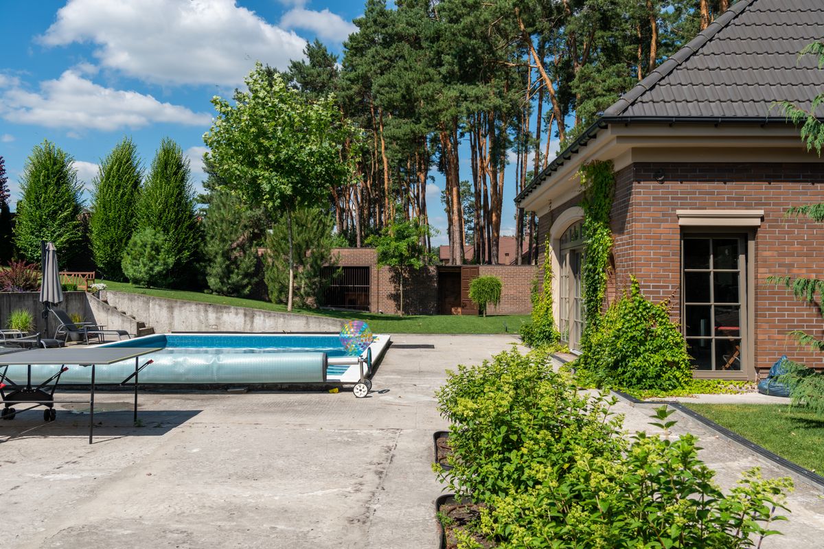 Backyard concrete pool deck and patio surrounded by landscaping at a suburban house.